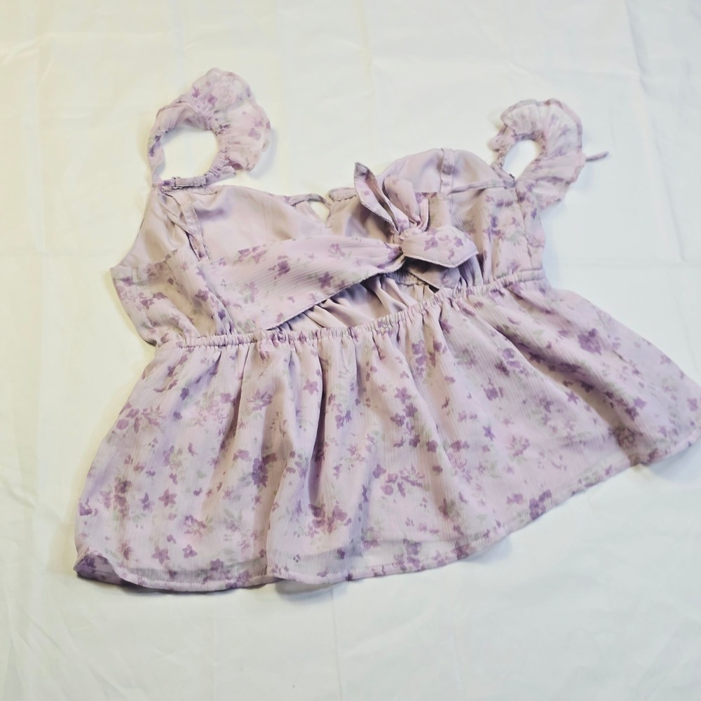 Hollister Womens Floral Babydoll Cami Top Size S Purple Ruffle Strap Chiffon H21 - Picture 15 of 16